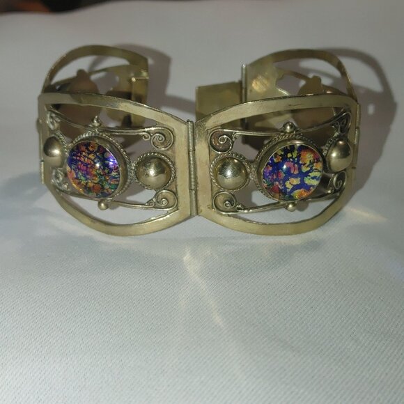 Iridescent Mexican Sterling Silver Bracelet Vintage Art Deco Style Hinge Panels - Picture 2 of 10